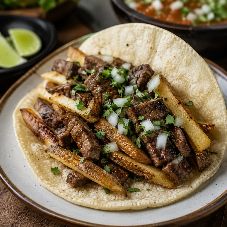 Taco de bistec con papas fritas, cilantro y cebolla (imagen ilustrativa)